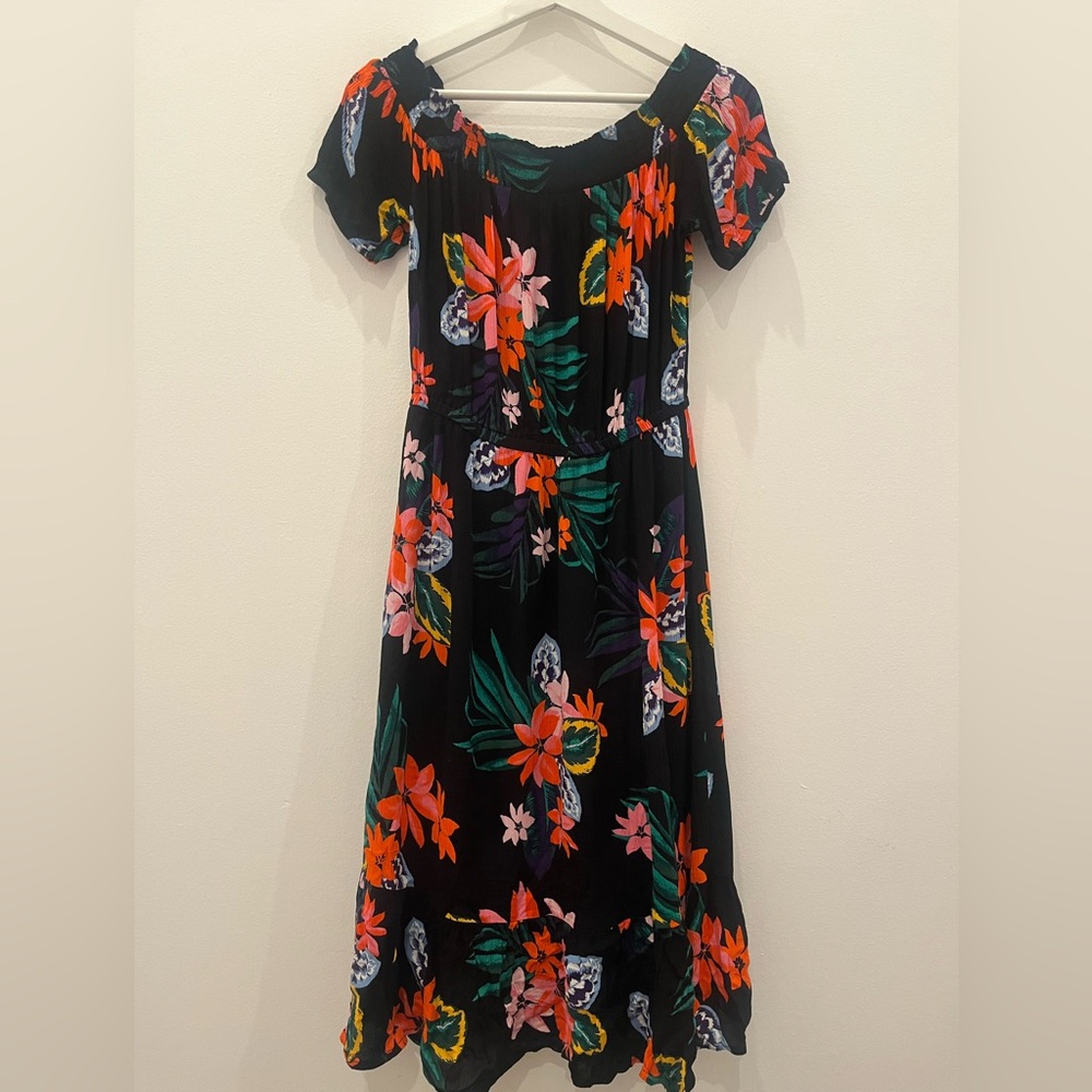 Old navy Off Shoulder Crinkle-Gauze Midi Dress size S Ruffle Hem Hawaiian artsy